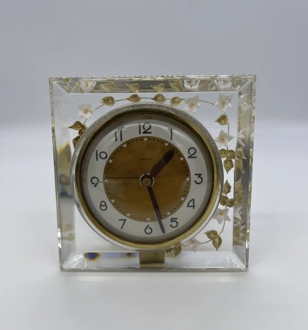 Salem Co. Clock Clear Lucite w/ Flowers Made in USA WORKS